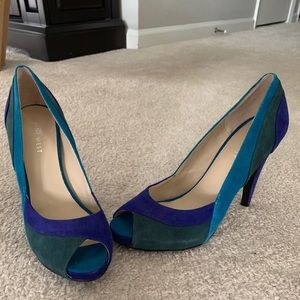 Nine West Suede Color Block Peep Toe 7.5 Platform